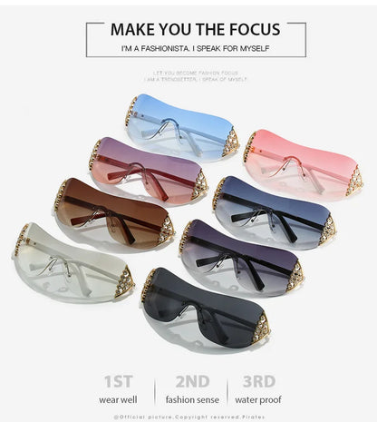 Luxury One-Piece Rimless Sunglasses Oversized Diamond Brand Designer Sun Glasses for Women Steampunk Eyewear UV400 Oculos De Sol