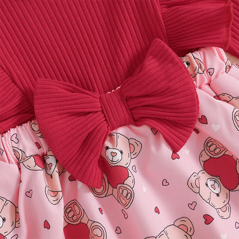 Infant Girls Rompers Dress Valentine s Day Outfit Bear Heart Print Skirt Hem Long Sleeve Spring Jumpsuits with Matching