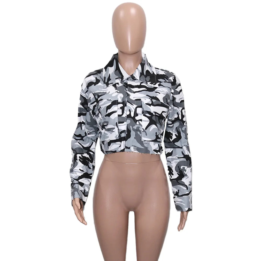Women's Clothes Coats Casual Fashion Camouflage Print Large Pocket Lapel Long Sleeve Short Jacket for Women