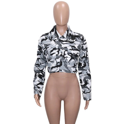 Women's Clothes Coats Casual Fashion Camouflage Print Large Pocket Lapel Long Sleeve Short Jacket for Women