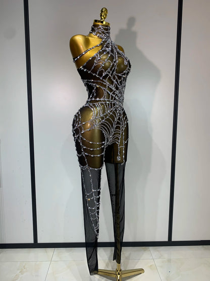 STOCK Sparkly Diamond Women Sexy Mesh Jumpsuit Nightclub Bar Party Show Gogo Dancer Clothing Drag Queen Outfit Stage Costume