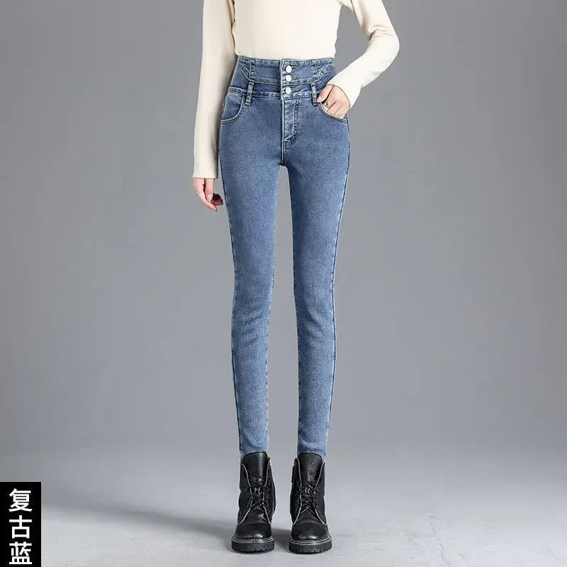 New Winter Thick Velvet Women High Waist Skinny Jeans Simple Fleece Warm Slim Fit Stretch Ladies Casual Denim Mom Pencil Pants
