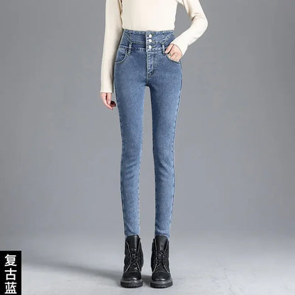New Winter Thick Velvet Women High Waist Skinny Jeans Simple Fleece Warm Slim Fit Stretch Ladies Casual Denim Mom Pencil Pants
