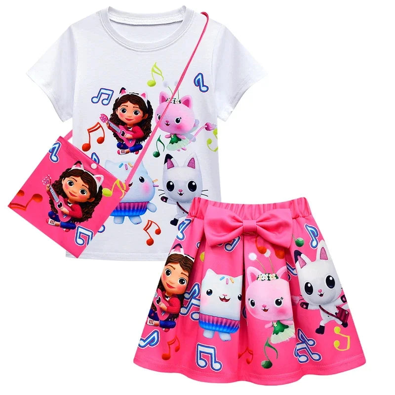 Gabby's Dollhouse cosplay costume for girls featuring a colorful shirt, pink skirt, and matching bag