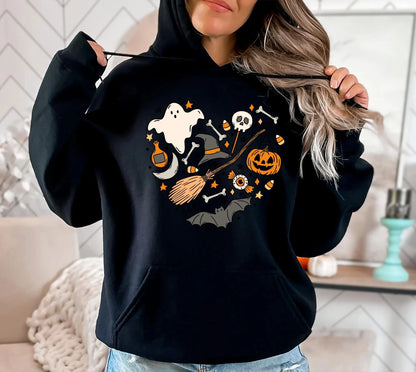 Black Halloween spooky hoodie for women featuring fun ghost and pumpkin graphics