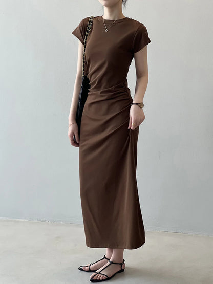 Slim Fit T-irt Dr Women's Spring Summer ort Sve Pleated Waist Cinching A-Line Midi Dr Small Stature 50