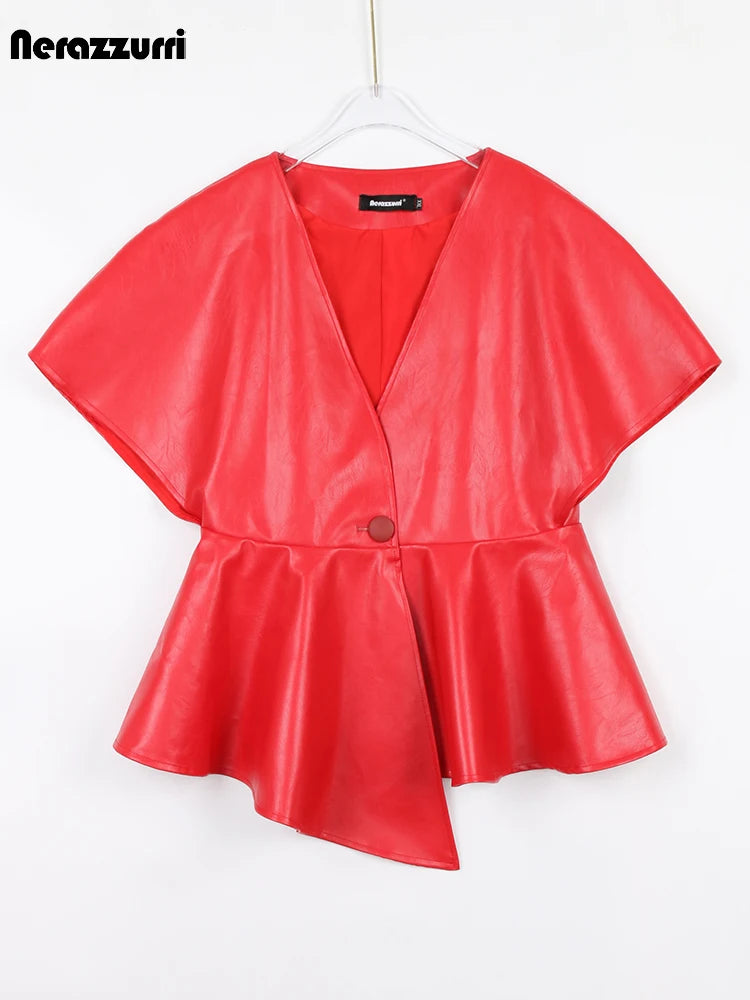 Nerazzurri Spring Short Red Faux Leather Vest Women Belt Runway Fashion Elegant Luxury Designer Clothes Sleeveless Jacket 2022