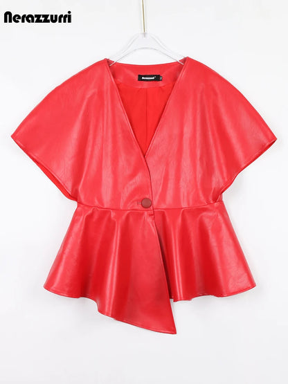 Nerazzurri Spring Short Red Faux Leather Vest Women Belt Runway Fashion Elegant Luxury Designer Clothes Sleeveless Jacket 2022