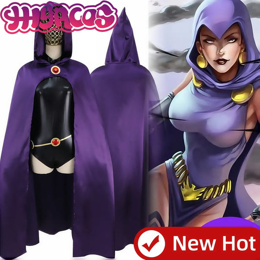 Raven Teen Titans cosplay costume for women featuring a purple hooded cape and iconic style.
