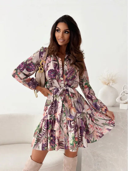Autumn Long Sleeved Elegant Women's Dress With Plant Floral Print Lantern Sleeves Half Open Collar And Waist Cinching Midi Dress