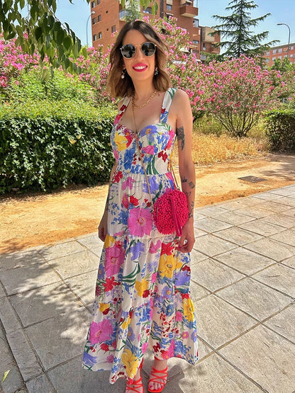 Fashion Flower Slip Midi Dress For Women Summer Backless Sleeveless Holiday Beach Dress Lady Elegant Sweetheart Collar Partywear