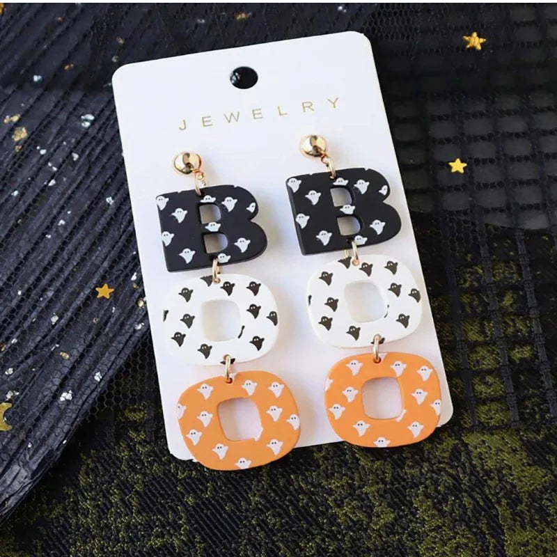 EtherealBe Halloween ghost earrings for women in black, white, and orange with playful design