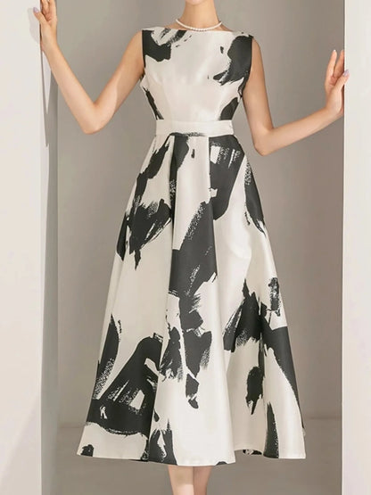 Women Elegant Casual Print Summer Dress Sleeveless Vintage A-Line Chic Party Birthday Vestidos Female Clothes New Midi Robe