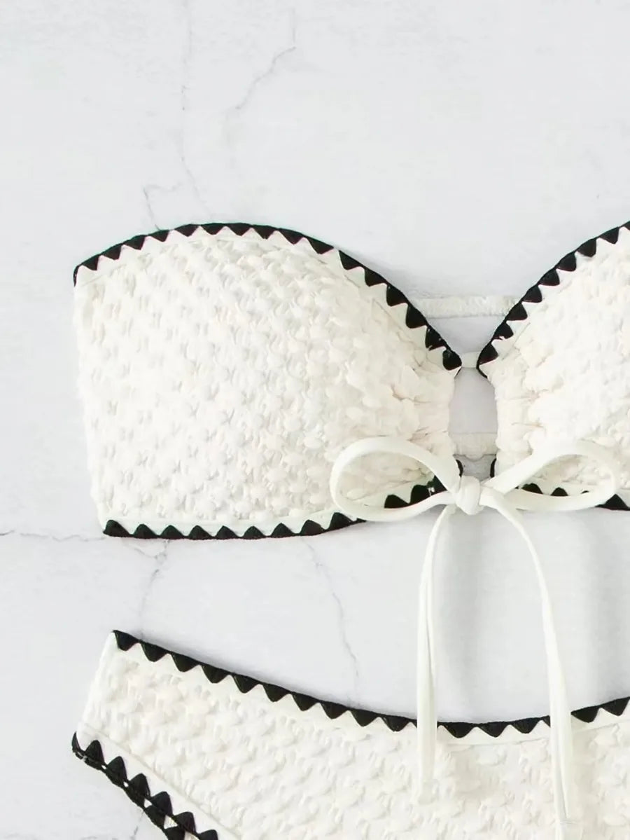 Swimwear White 2 Piece Strapless Swimsuit for Women Sexy Bandeau Backless Bikini Set Lace-up Patchwork Bathing Suit 2025 New