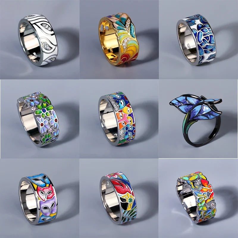 2024 New Silver Rings for Women Creative Handmade Enamel Craft Women's Rings 925 Silver Women's Party Jewelry Epoxy Craft