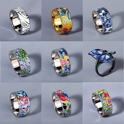2024 New Silver Rings for Women Creative Handmade Enamel Craft Women's Rings 925 Silver Women's Party Jewelry Epoxy Craft