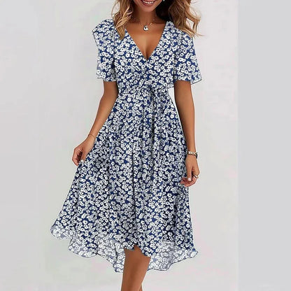 Elegant Sexy V Neck Floral Chiffon Mini Skirt Ladie Summer High-waisted Short Sleeve A-Line Bohemian Dress Evening Dress