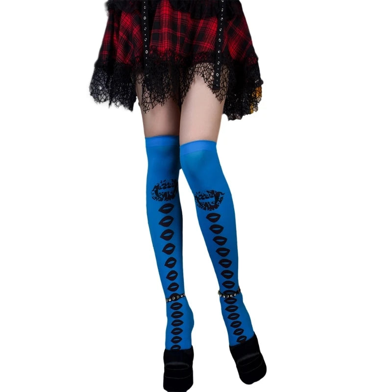 EtherealBe two-toned Halloween tights for women in blue design with stylish kiss patterns