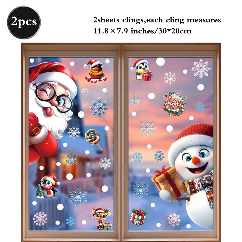Christmas Window Static Clings Snowman Santa Claus Snowflake Reindeer Cute Xmas Decoration Decal Sticker Home Ornaments Supplies