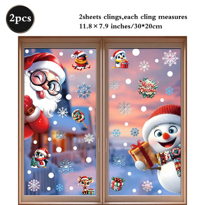 Christmas Window Static Clings Snowman Santa Claus Snowflake Reindeer Cute Xmas Decoration Decal Sticker Home Ornaments Supplies