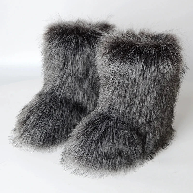 2025 Women Winter Faux Fur Boots Woman Fluffy Plush Warm Snow Boots Luxury Footwear Girls Furry Fur Bottes Fashion Winter Shoe