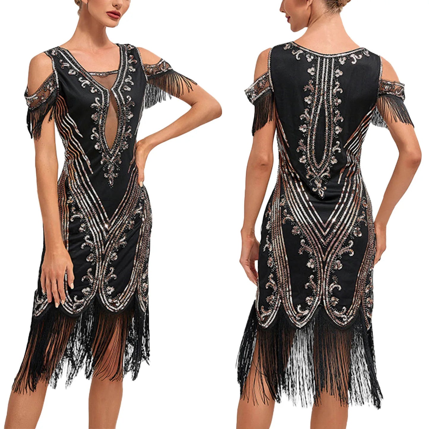 1920s Vintage Flapper Great Gatsby Party Dress V-neck Sleeveless Sequin Beaded Style Style Tassel Flapper Vestidos Feminina 1920
