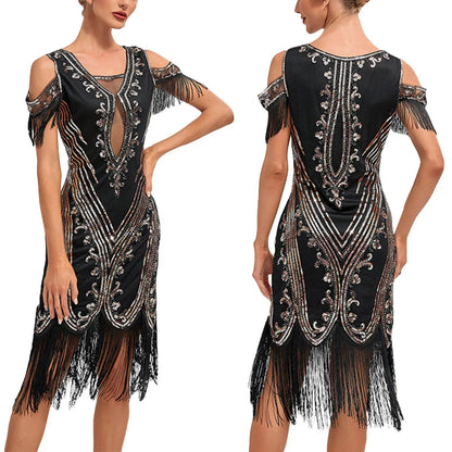 1920s Vintage Flapper Great Gatsby Party Dress V-neck Sleeveless Sequin Beaded Style Style Tassel Flapper Vestidos Feminina 1920