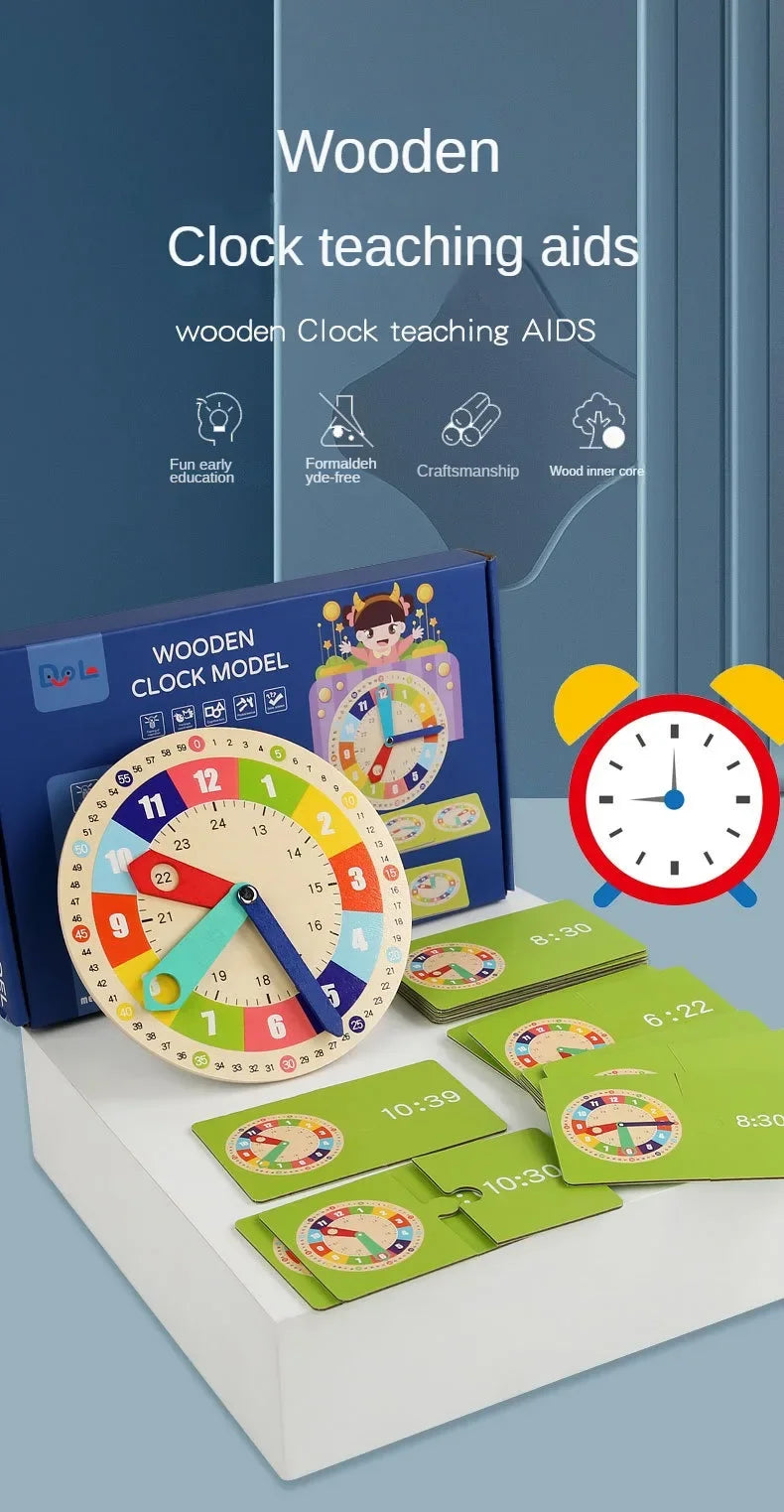 Wooden Clock Model Teaching Aid Montessori Learning Clocks with Cards Kindergartner Toy for Game Interaction Playroom Wall