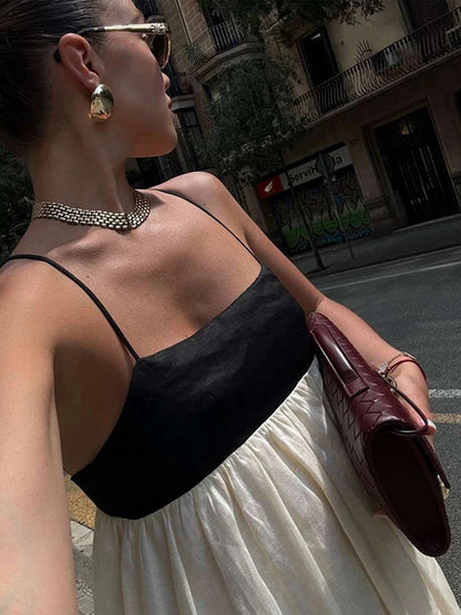 Contrast Loose Sling Women Dresses Sleeveless Backless Square Collar Female Dress 2024 Fashion High Waist Summer Sexy Lady Robe