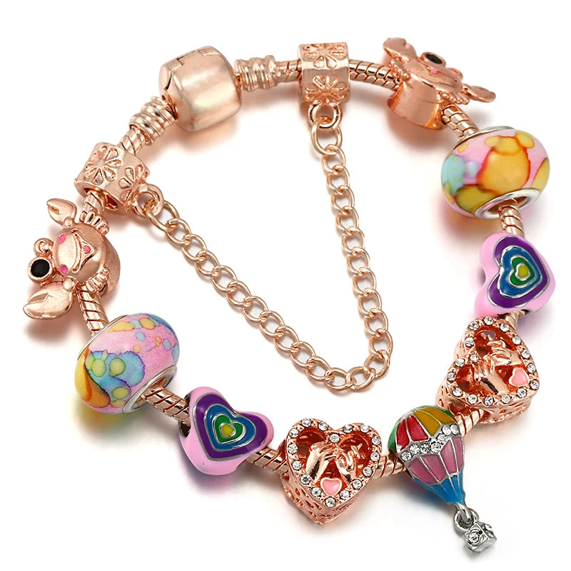 Spring Style Charms Bracelets For Women With Snake Chain Pink Daisy DIY Charms Beads Pendants Fashion Jewelry Dropshipping
