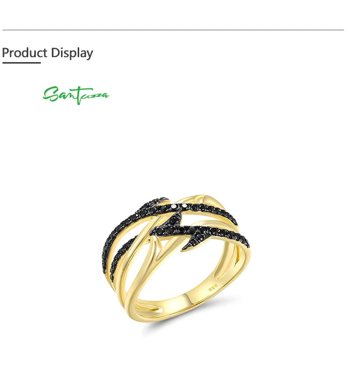 SANTUZZA  Authentic 925 Silver Rings For Women Sterling Silver Black Spinel Yellow Plated Unique Elegant Handmade Fine Jewelry