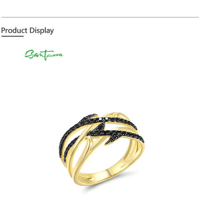SANTUZZA  Authentic 925 Silver Rings For Women Sterling Silver Black Spinel Yellow Plated Unique Elegant Handmade Fine Jewelry