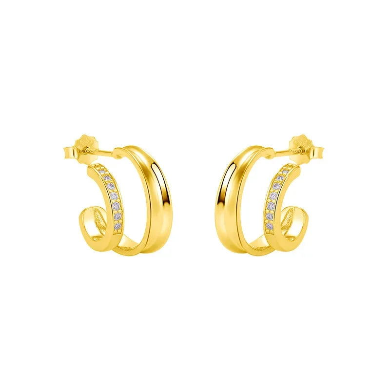 925 Sterling Silver Ear Needle Vintage C Shape Earrings For Women Triple Open Circle Piercing Stud Earrings Fashion Jewelry