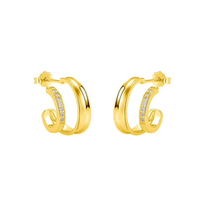 925 Sterling Silver Ear Needle Vintage C Shape Earrings For Women Triple Open Circle Piercing Stud Earrings Fashion Jewelry