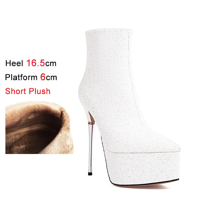 2025 New Autumn Winter Shiny Stiletto Ankle Boots Woman High Heels Glitter Bling Short Boots Women Platform Pointed Toe Shoes