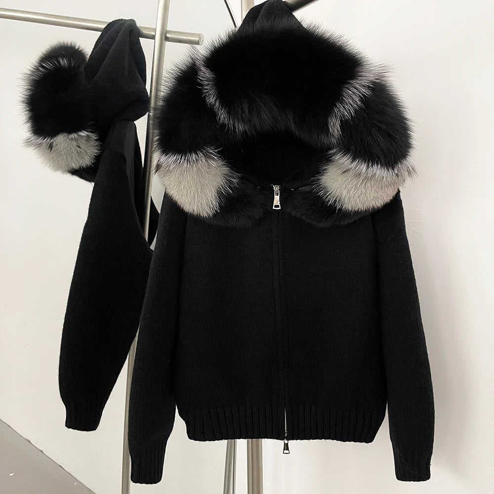 OFTBUY Real Fox Fur Kintwear Women 2025 New Spring Autumn Hooded Sweater Female Loose Zipper Kintted Jacket Oversized Cardigan