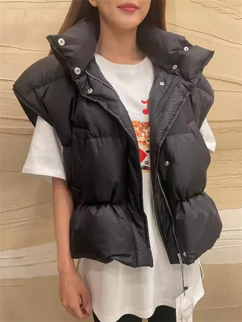 Stand Collar Sleeveless Down Cotton Jacket Women's Autumn Winter New  Loose Warm Hooded  Short Waistcoat Outwear Female