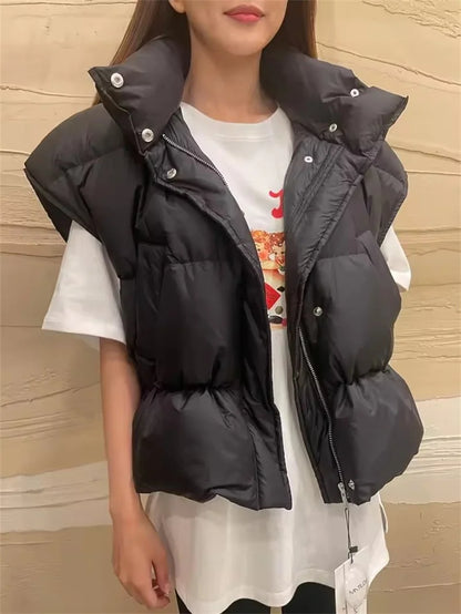 Stand Collar Sleeveless Down Cotton Jacket Women's Autumn Winter New  Loose Warm Hooded  Short Waistcoat Outwear Female