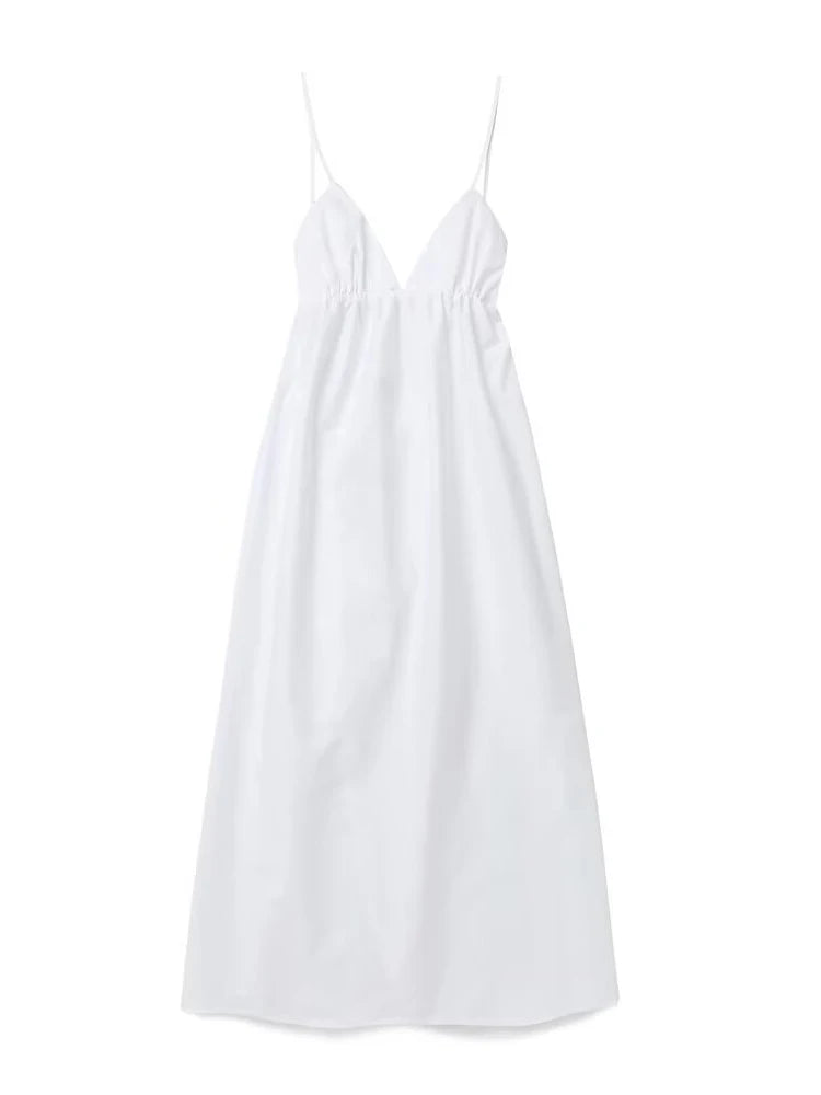 TRAFZA Women's White Elegant Halter Dress Pure V Neck Sexy Backless Spaghetti Strap Long Beach Holiday Casual Party Dresses