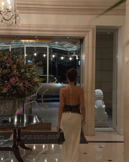 Mozision Summer Backless Sexy Maxi Dress Women Gown Patchwork Lace Halter Deep V Neck Sleeveless High Waist Elegant Long Dress