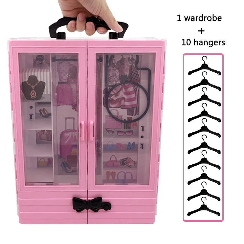 Pink Wardrobe with 10pcs Hangers Playset Doll Accessories Fashion Toys Fold-out Rack Portable Closet Birthday Christmas Gift
