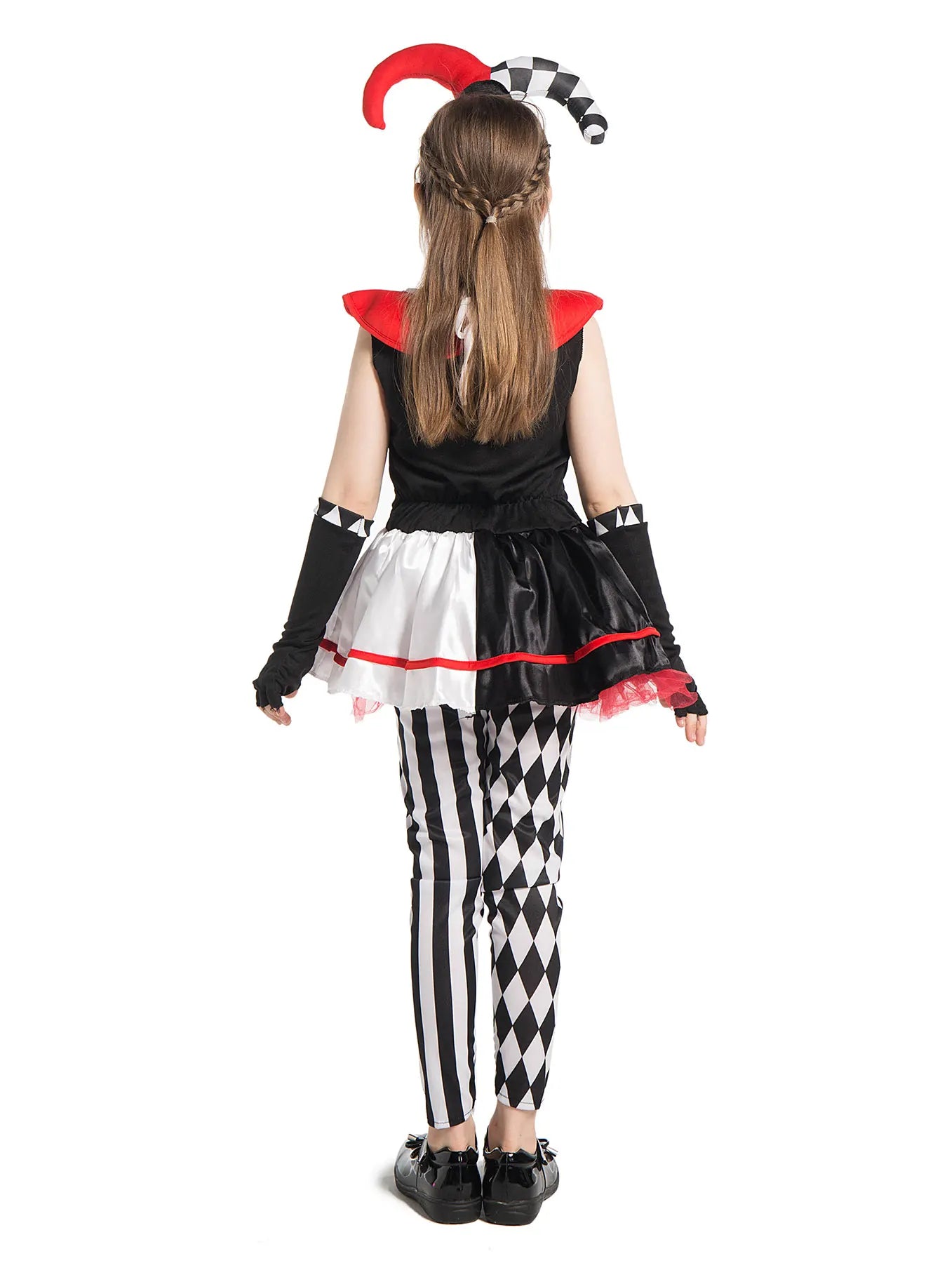 Girls jester clown costume with black and white striped pants and a colorful top for playful dress-up