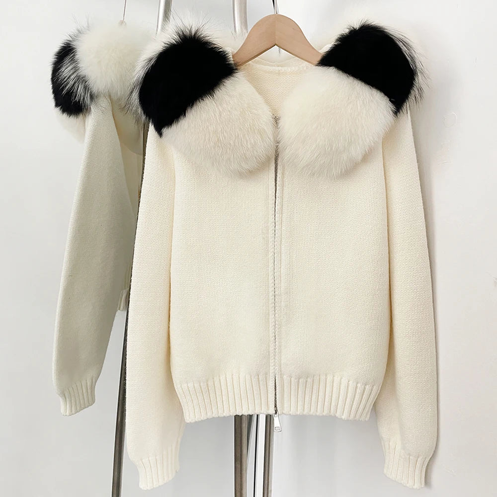 OFTBUY Real Fox Fur Kintwear Women 2025 New Spring Autumn Hooded Sweater Female Loose Zipper Kintted Jacket Oversized Cardigan
