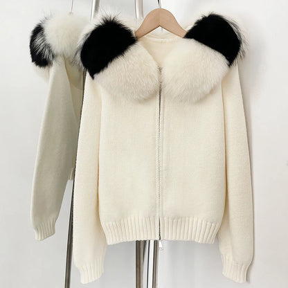 OFTBUY Real Fox Fur Kintwear Women 2025 New Spring Autumn Hooded Sweater Female Loose Zipper Kintted Jacket Oversized Cardigan