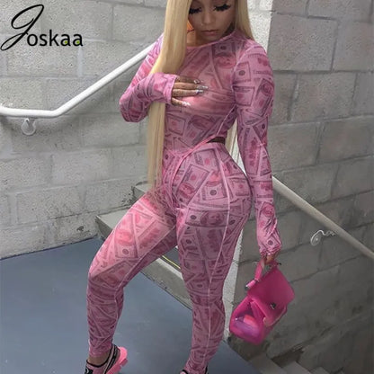 Joskaa Mesh Print Night Club Long Sleeve Bodysuit & Pants 2 Pieces Set Outfits Fashion Outwear Autumn 2020 Tracksuit Woman
