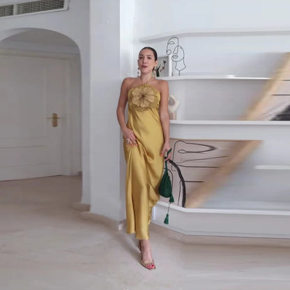 Elegant Party Women's Dress 3D Flower Halter Sleeveless Backless Mermaid Satin Female Dresses 2025 Summer Chic Evening Lady Robe