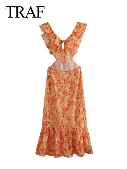 TRAF Summer Fashion Women Sexy V-neck Sleeveless Backless Orange Dress Ruffle Printed Hollow Out Women's Long Dresses For Beach