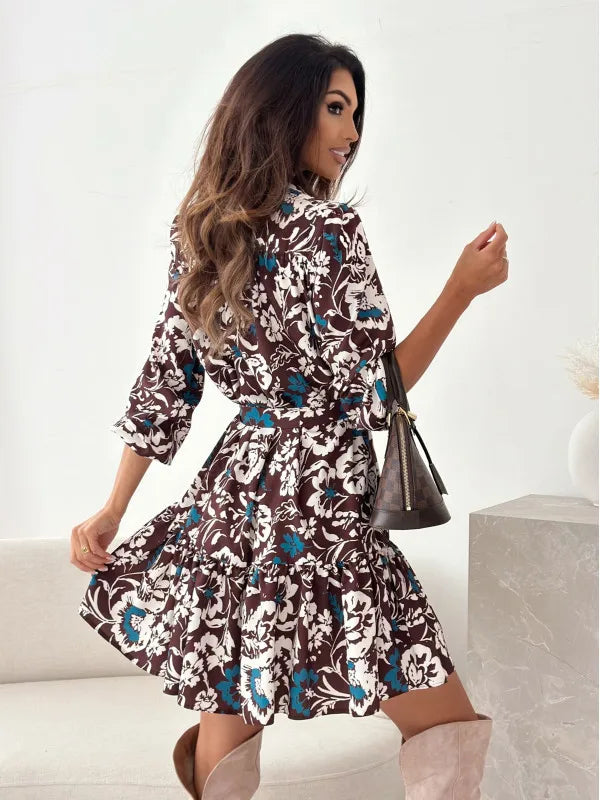Autumn Long Sleeved Elegant Women's Dress With Plant Floral Print Lantern Sleeves Half Open Collar And Waist Cinching Midi Dress
