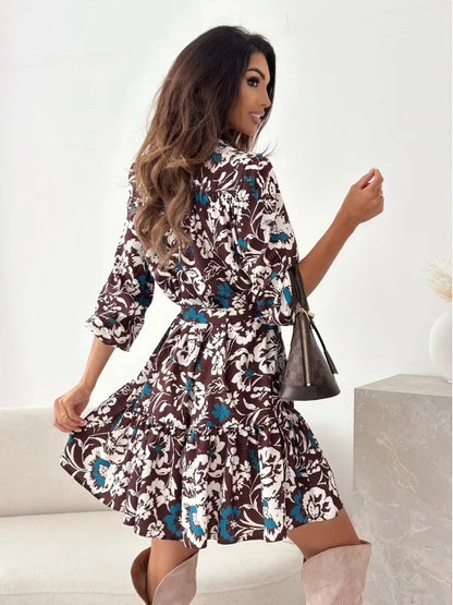 Autumn Long Sleeved Elegant Women's Dress With Plant Floral Print Lantern Sleeves Half Open Collar And Waist Cinching Midi Dress