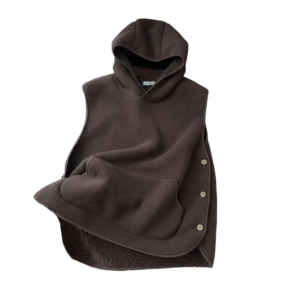 Lady Thermal Vest Women Side Button Closure Fleece Hooded Vest Solid Color Front Pocket Casual Top For Fall Winter